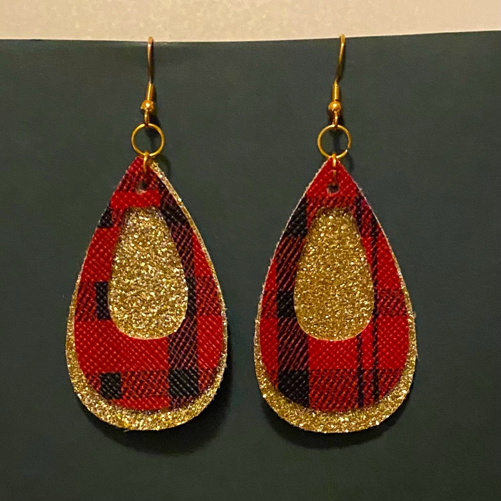 Handmade Faux Leather Earrings- Gold & Red
